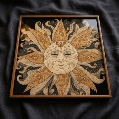 Square Serving Tray, Boho Sun Tray, Celestial Ottoman Tray, Coffee Table Tray, Handmade Resin Wood Decor