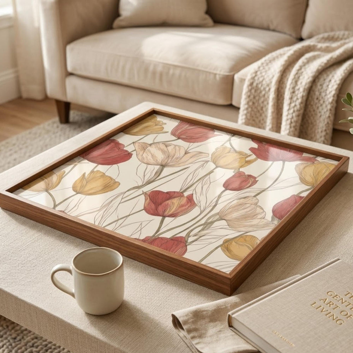 Square Serving Tray, Tulip Floral Tray, Ottoman Coffee Table Tray, Handmade Resin Wood Tray, Spring Home Decor