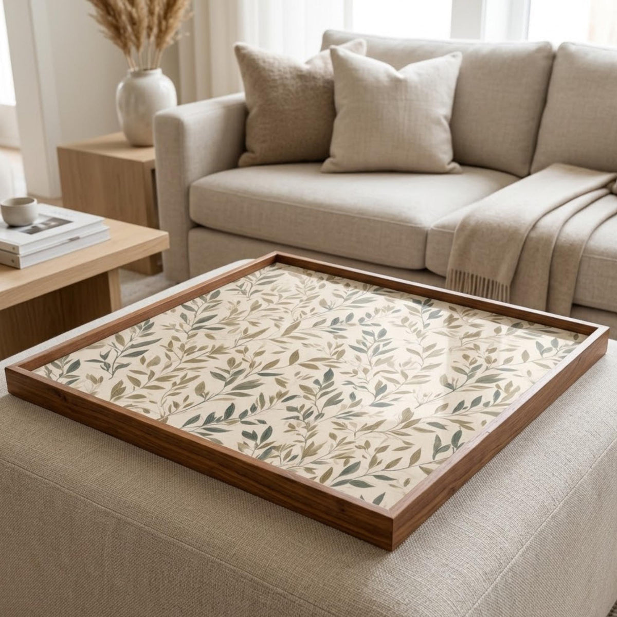 Square Serving Tray, Botanical Leaf Tray, Ottoman Coffee Table Tray, Handmade Resin Wood Tray, Nature Home Decor