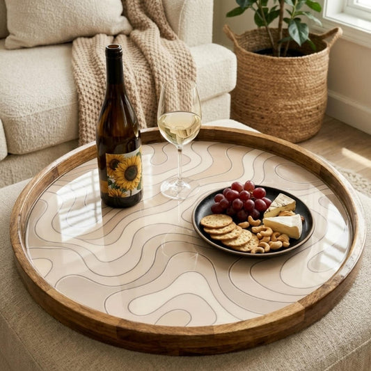 Abstract Wooden Tray Printed | Mango Wood Round Tea Serving Decor