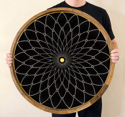 Black Mandala Mango Wood Serving Tray | Boho Ottoman Coffee Table Decor