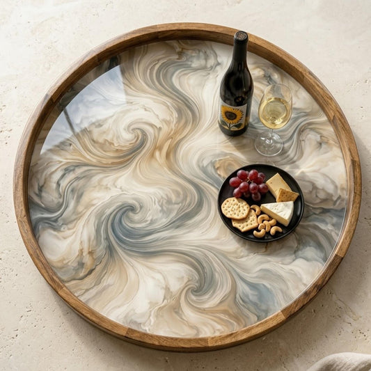 Round Mango Wood Serving Tray | Abstract Swirl Print Ottoman Decor
