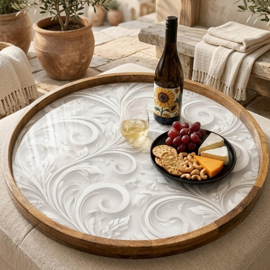 Abstract Beige Mango Wood Serving Tray II | Round Ottoman Coffee Table Decor