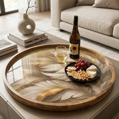 Gold Feather Mango Wood Serving Tray | Boho Ottoman Coffee Table Decor