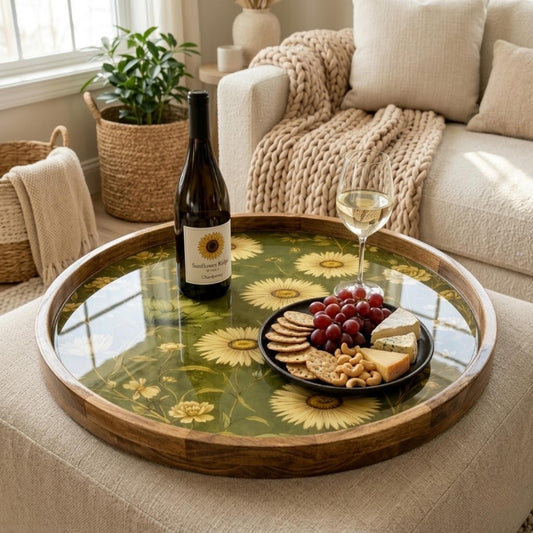 Sunflower Mango Wood Serving Tray | Vintage Floral Ottoman Coffee Table Decor