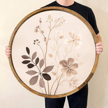 Handmade Neutral Floral Serving Tray | Botanical Mango Wood Ottoman Decor