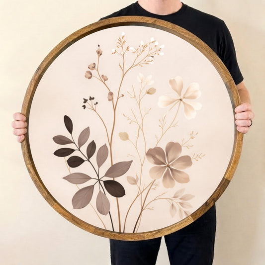 Handmade Neutral Floral Serving Tray | Botanical Mango Wood Ottoman Decor