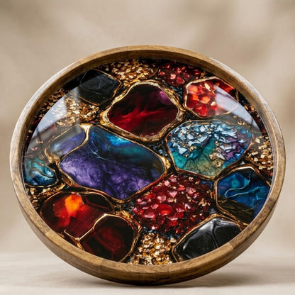 Round Mango Wood Serving Tray | Abstract Geode Resin Art Decor Ottoman Coffee Table Tray