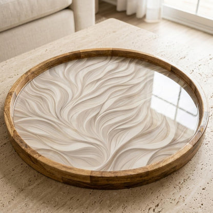 Handmade Mango Wood Serving Tray | Neutral Wave Print Coffee Table Decor