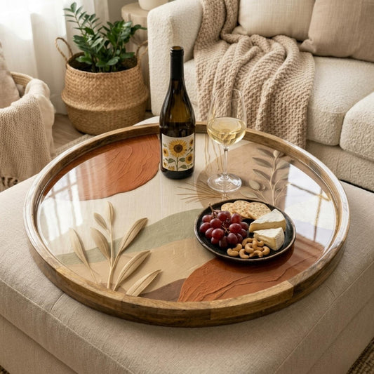 Boho Abstract Mango Wood Serving Tray | Neutral Botanical Ottoman Decor