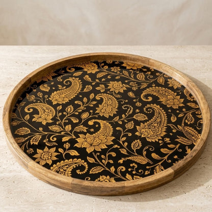 Handmade Mango Wood Serving Tray | Black Gold Floral Ottoman Decor