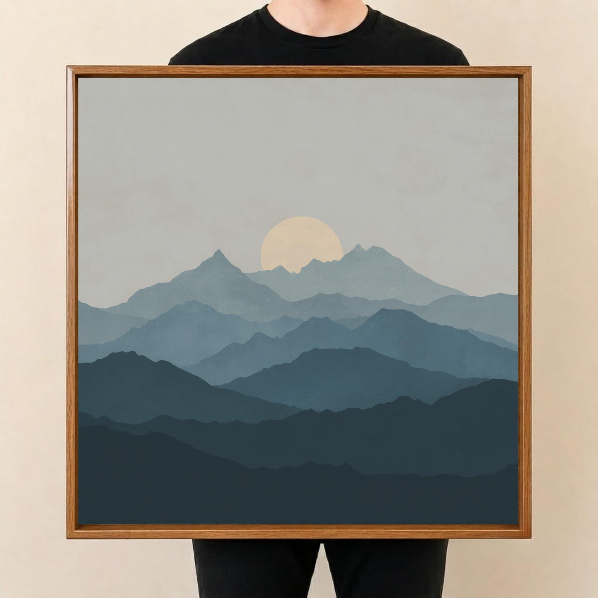 Square Serving Tray, Minimalist Mountain Landscape Tray, Ottoman Coffee Table Tray, Handmade Resin Wood Tray, Modern Japandi Home Decor