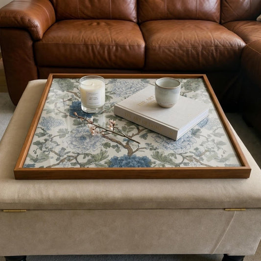 Square Serving Tray, Blue Floral Tray, Ottoman Coffee Table Tray, Handmade Resin Wood Tray, Cottagecore Home Decor