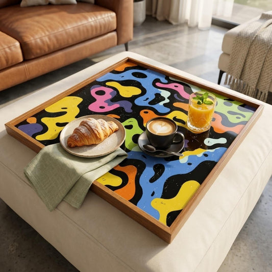 Square Serving Tray, Colorful Abstract Tray, Ottoman Coffee Table Tray, Handmade Resin Wood Tray, Modern Pop Art Decor
